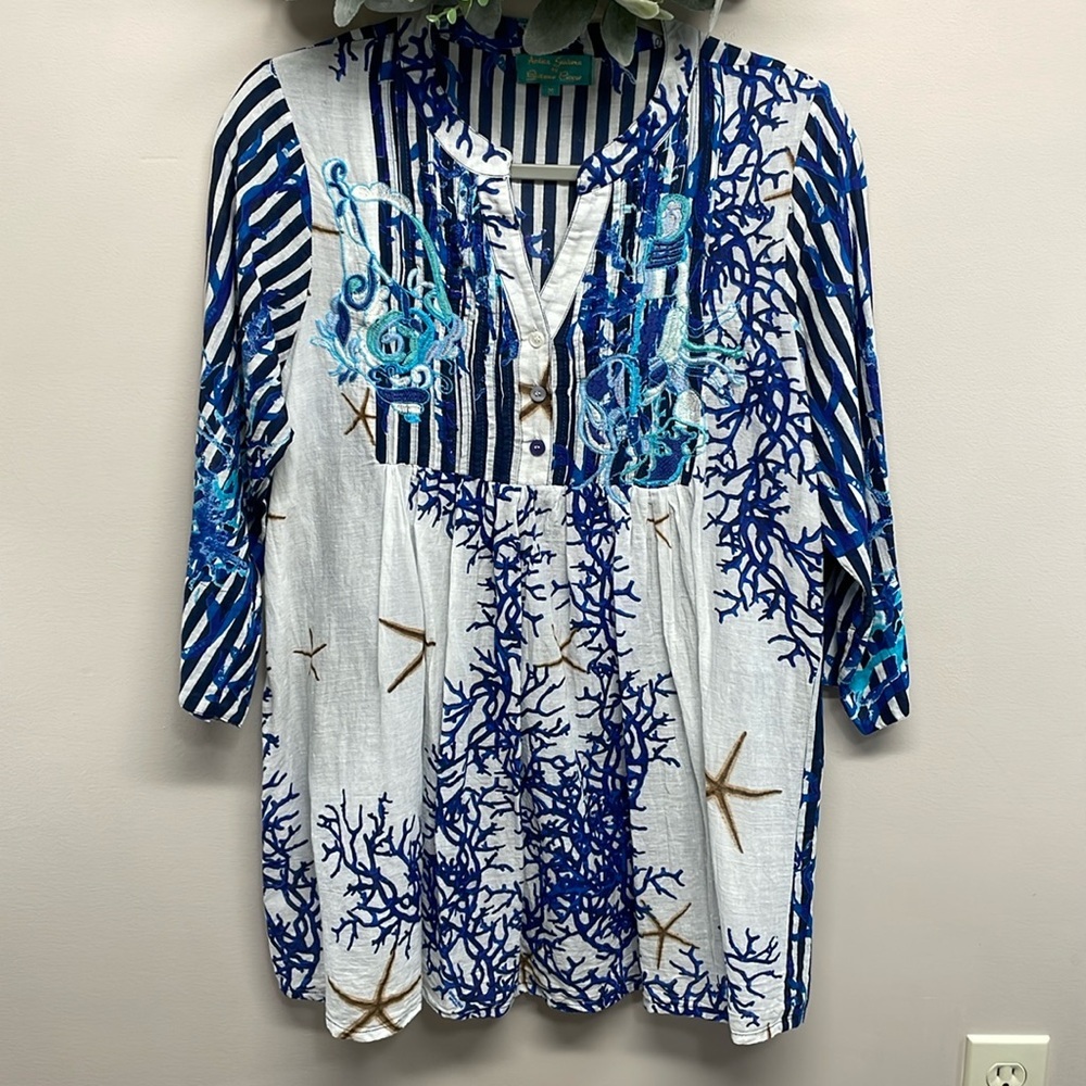 Antica Sartoria by Giacomo Cirque Embroidered Starfish Coral Tunic Blouse M